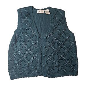 Vtg Kathie Lee Turquoise Blue Sweater Vest Womens XLarge Embroidered Floral